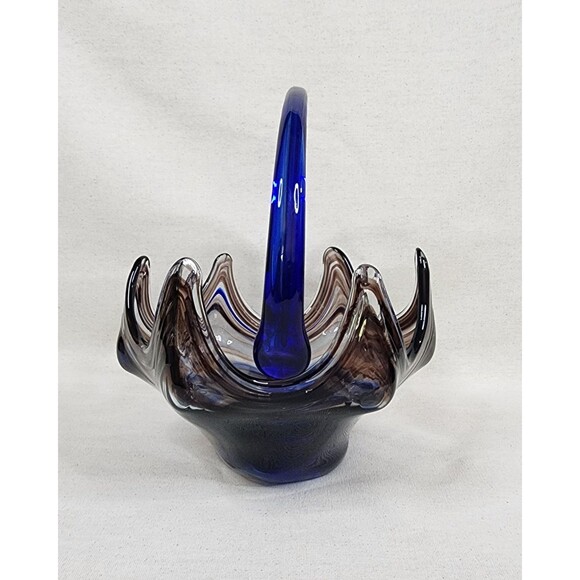 Vintage Sooner Ozark Art Glass Basket | Blue & Brown Swirl Hand-Blown | USA - Picture 7 of 15